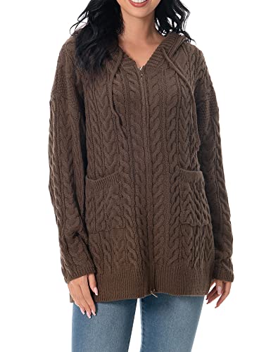Image of Shineflow Women Hooded Cardigan Oversized Slouchy Zipper Cable Knit Cardigan Coat Solid Color Sweater Casual Knit Knitwear