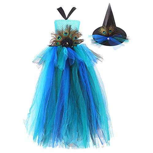 Kids Girls' Peacock Feather Dress Baby Model Catwalk Performance Tail Dress Festival Mesh Cosmetic Costume with Hat