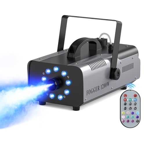 Máquina de Humo Automática 1200W 9 RGB LED Máquina de Niebla Colores Efectos con Remoto Inalámbrico Portátil Fog Machine para Hogar Fiesta Boda Espectáculo Bar Escenario Halloween Navidad
