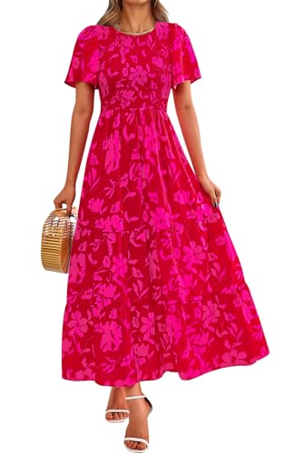 PRETTYGARDEN Short Sleeve Smocked Top High Waisted Flowy Fall Dresses for Women 2026 Floral Wedding Guest Dress (Red Flower, Medium)