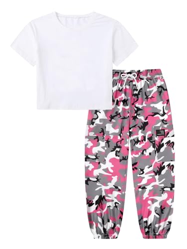Image of Betusline Girls 2 Piece Set, White Cute Short Sleeve Crop Tops + Pink Grey Camo Cargo Jogger Pants Clothes, 7-8Y = Tag 140