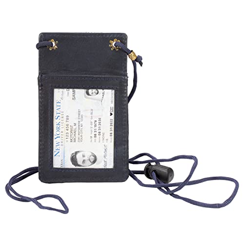 Paul Walter-Blue Genuine Leather ID Holder Neck Strap Wallet Pouch Card Organizer School,Office,College