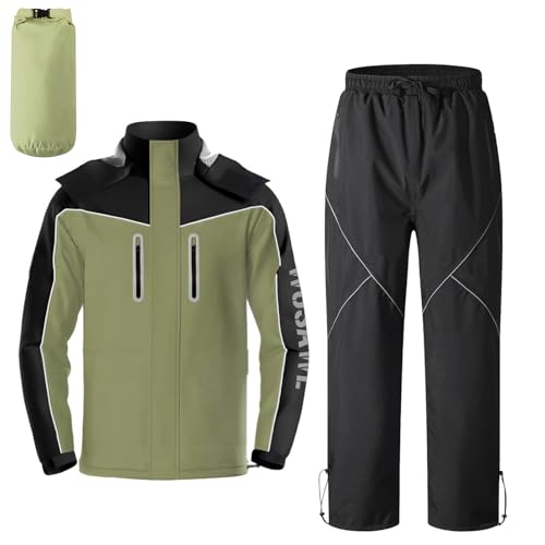 WMDMJT Giacca Impermeabile Uomo Pantaloni da Pioggia | Leggera E Traspirante, Resistente al Vento | Giacca da Pioggia Riflettente per Moto | Tuta Impermeabile Motocross,Green2-3XL