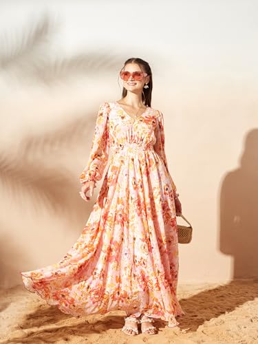 Image of Miss Chase Women's Multicolored-Base-Brown Relaxed Fit Maxi Lurex Chiffon Dress