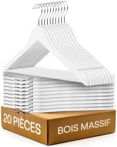 Praknu 20 Cintres en Bois Blanc - Crochet Pivotant à 360° - Encoches sur Les épaules - avec Barre Pantalon - Bois Massif Certifié FSC