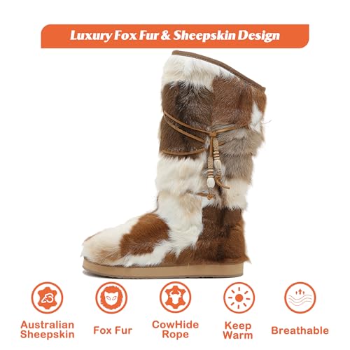 Mel&Syd Sheepskin Boots Snow Warm Long Fox Fur Tassel Winter Boots High Calf Booties for Womens Girls Genuine Fur Round Toe Shearling Casual Versatile Knee High Flat Outdoor Shoes2