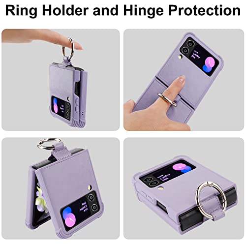 Monasay Phone Case For Galaxy Z Flip 4,[Screen Protector Included] Leather Cell Phone Cover With Ring For Samsung Galaxy Z Flip 4 5G, Light Purple #TOP3