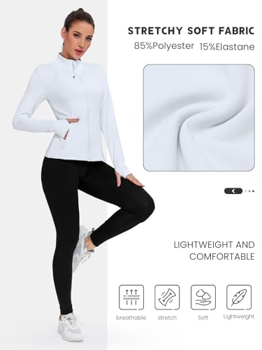 VUTRU Jaqueta feminina leve de corrida com zíper total, para ioga, atlética, com bolsos, Branco, P