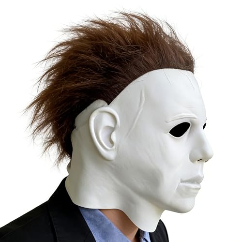 discomeink Halloween Michael Myers Mask 1978 Classic Full Face Latex Mask with Hair White Horror Halloween Mask for Adults Movie Cosplay Prop
