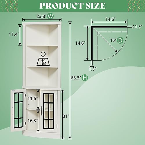 65 Tall Freestanding Bookcase with Glass Doors & Adjustable Shelves for Living Room or Bathroom
