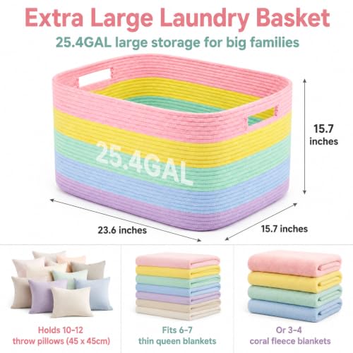 Image of 25.4GAL Collapsible Cotton Rope Extra Large Storage Basket For Bedroom Closet, Boho Rectangular Short Hamper Woven Storage Baskets for Living Room Throw Pillows Blankets Dirty Clothes,Rainbow Pastel