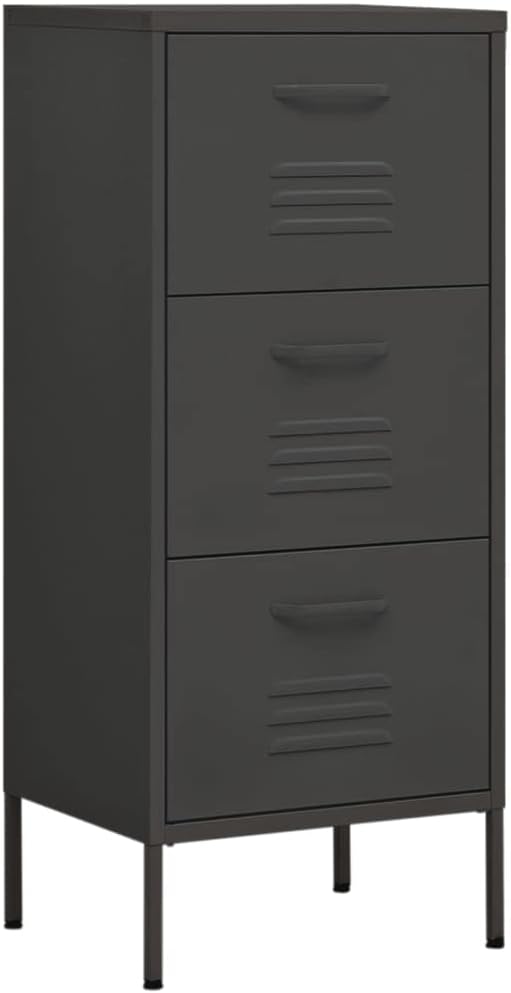 Modern Steel Anthracite Storage Cabinet with Three Ball-Bearing Drawers and Adjustable Feet for Home Office Organization