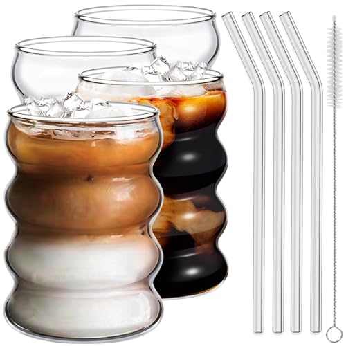 Ework4U 4 Pcs Iced Coffee Glasses with Glass Straws 14oz Thick Drinking Glass Cup Set,Iced Latte Glasses,Cocktail Glasses,Beer Glasses,Ideal for Water,Soda,Tea,Gift - with Cleaning Brushe