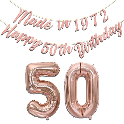 Décorations pour 50e anniversaire, bannière « Made in 1972 » or rose pailleté, ballons pour 50e anniversaire pour femme, fête d'anniversaire intérieure et extérieure (1972) Cover