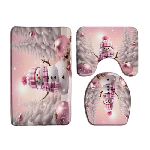 Christmas Snowman 3 Pcs Bath Rugs Set,Cute Pink Snowman Snowy Forest Snowflake Xmas Ball Winter Holiday Festival Bathroom Kitchen Rug with 16