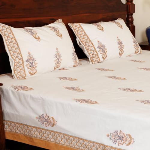 Image of Zahrat Premium Hand Block Printed Bedsheet | Bed Sheet Flatsheet | Pure Cotton | Double Bed King Size 108 inchx108 inch | 300 TC Bedsheets | Includes 2 Pillow Covers | Flower Spread