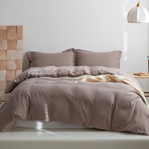 Simple&Opulence Muslin King Duvet Cover Set, 100% Cotton Ultra Soft and Lightweight Textured Puckering Bed Duvet Cover with 2 Pillowcases (230×220cm, Coffee Grey)