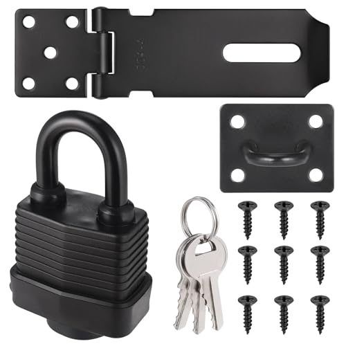 Starvortex - Door Latch Hasp with Door Padlock and Screw, Stainless Steel Door Lock with Key, Heavy Duty Hasp and Staple, Gate Lock, Waterproof Shed Lock, Latch Lock for Bedroom Door Patio Door Garden Gate (Black)