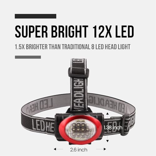Lichamp Headlamp, 10 Pack 12 LED 3 Mode Portable Head Lamp Flashlight, Outdoor Lightweight Durable Headlight for Running, Camping, Reading, Fishing, Hunting, Walking, Jogging, Black + Red Color - Image 3
