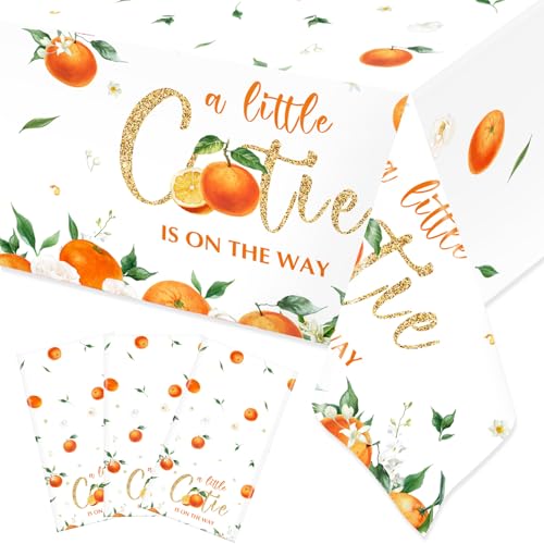 Image of Ganeen 3 Pcs Little Cutie Baby Shower Tablecloth Disposable Plastic Tangerine Tablecloth Little Cutie Is on the Way Table Cover for Baby Shower Decor Orange Fruit Birthday Party Supplies 54 x 108 Inch