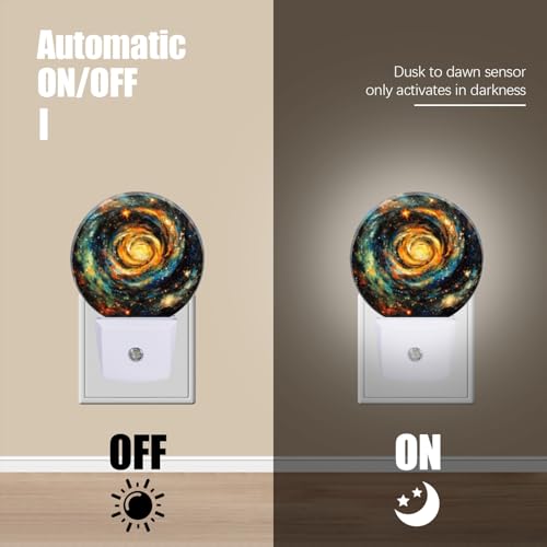 Image of LED Night Lights Lamp with Dusk to Dawn Sensor, Orange-Blue Rotating Galaxies Night Light Plug Into Wall for Kids Room, Bedroom, Bathroom, Kitchen, Hallway