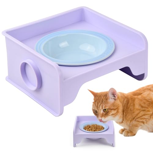Ciotola Rialzata Gatto in Ceramica Antivomito, Ciotola Cibo Cani, Supporto Antiscivolo, Porta Ciotole per Gattini e Cani Piccoli, Doppia Ciotola per Acqua e Cibo, Facile da Pulire, Viola