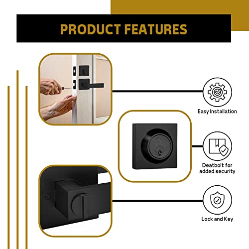 Mega Handles Entry Combo I Entry Lever Door Handle And Single Cylinder Deadbolt Lock And Key Combo Pack - Heavy Duty Square Locking Lever Set For Left Or Right-Handed Doors - Matte Black #TOP2