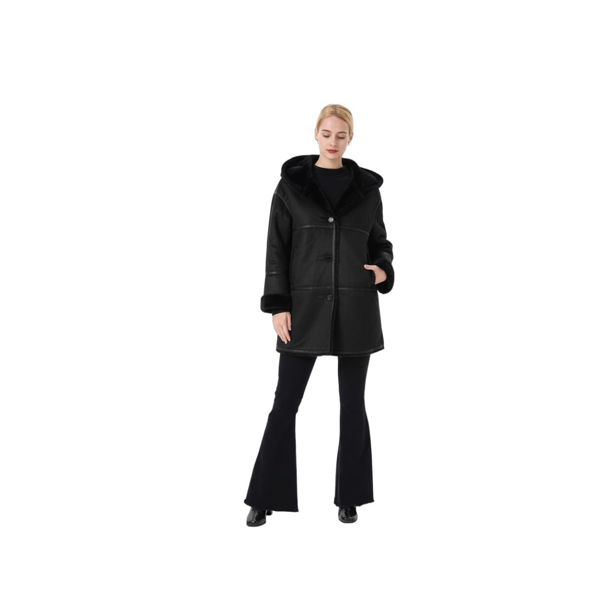warmer Veloursmantel Damen mit fester Kapuze | Warmer Damen Wintermantel mit fester Kapuze, kuscheliges Innenfutter, windabweisend, eleganter Schnitt für den Alltag