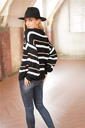 Image of PRETTYGARDEN Women's V Neck Striped Knit Pullover Sweater