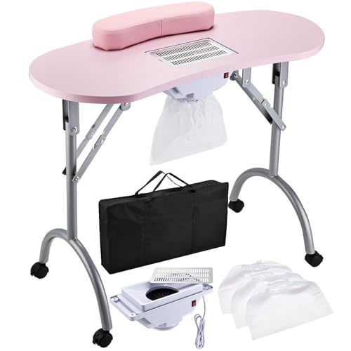 Faquenc Manicure Table with Nail Dust Collector, Portable Nail Table Rolling Nail Desk Nail Tech Travel Nail Station Foldable Professional Nail Salon Table with Cacuum,Arm Rest,Lockable Wheel,Bag,Pink