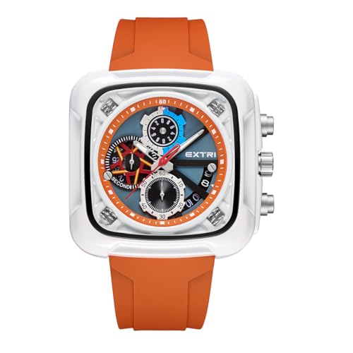 Extri Men's Watch Casual Summer Style Colorful Watch Water Resistant Chronograph Square Case Rubber Strap (White+Orange)