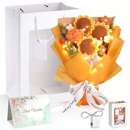 Ramo de Flores de Ganchillo, Flores de Crochet con Ramo, Bolsa, Guirnalda de Luces y Tarjeta de Felicitación, Rosas y Girasoles Artificiales para Cumpleaños, Día de la Madre y Navidad (girasoles)