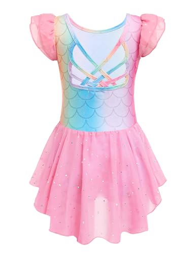 Image of Arshiner Girls Shiny Ruffle Sleeve Ballet Leotard with Skirt Criss-Cross Back Dance Dresses