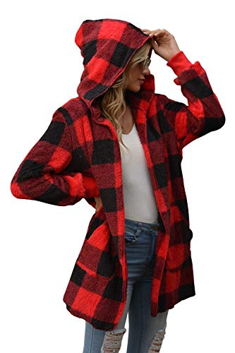 Senserise Womens Fuzzy Fleece Jacket Open Front Hooded Cardigan Tie Dye Plaid Sherpa Coat With Pockets(Red Plaid,Xl) #TOP22