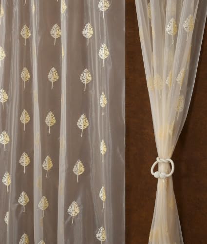 Image of Fabrilia Embroidered Tree Pattern Tissue Net Sheer Curtains for Window | Transparent Curtain with Elegant Leaf Tree Embroidery | Cream | 5 feet | Set of 2