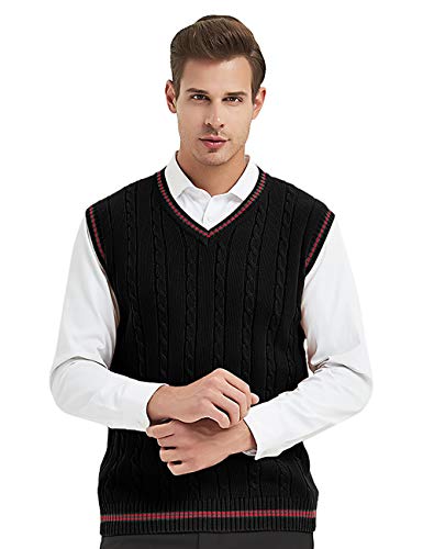 TOPTIE Men's V-Neck Cotton Twist Knit Sweater Vest Green and Red Trim