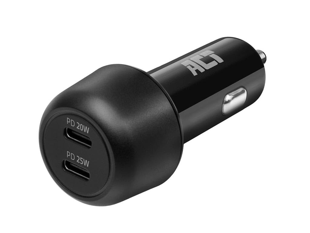 ACT Ładowarka samochodowa USB-C, 2 x USB-C, funkcja Power Delivery do samochodów osobowych i ciężarowych, szybkie ładowanie 2 urządzeń jednocześnie, odpowiednia dla smartfonów Apple i Android, 45 W, 3