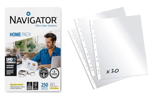 Pack Paquete de 250 Folios Navigator Home pack A4 80gr + Fundas Multitaladro Plástico para Folios, Paquete de Folios Din A4 - OFFICEPAPER (250 hojas + 10 fundas)