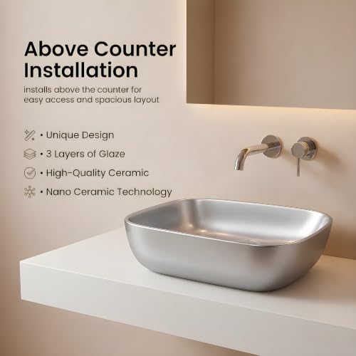 Image of VENICE Bathroom Vanity Sink Countertop Stylish & Durable Ceramic Tabletop Wash Basin Rectangular Vessel Bowl Metallic Silver Glossy Finish