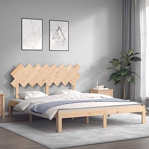Lit Double en Bois Massif vidaXL 160x200 cm avec Tête de Lit, Meuble de Chambre à Coucher, Cadre de Lit en Bois, Sommier en Pin Massif Naturel Brute