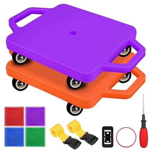 2 Pcs Sports Scooter Board with HandlesSitting Scooter Board for Kids Children Gym Indoor Outdoor ActivitiesEquipped with Various Skateboard Accessories (Orange Purple)