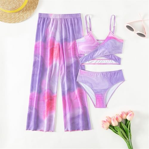 Girls 3 Pieces Bathing Suit Tropical Print Bikini Set Kids Qui𝐜k Dry Swimwear Cover-Up with Rash Guard Pants3