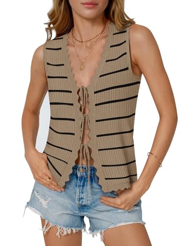 Image of COCCKO Womens Summer Tops Vacation Beach Outfits Cute Tie Front Crochet Vest Knit Sleeveless Sweaters