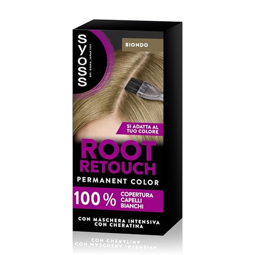 Syoss Root Retouch Ritocco permanente Biondo, Colorazione permanente per 100% copertura della ricrescita capelli, Kit con crema colorante capelli e maschera intensiva con cheratina