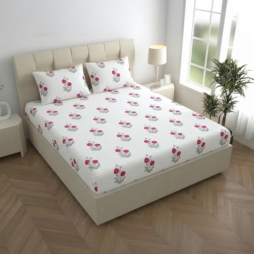 Image of LINENWALAS 100% Cotton 210 TC Double Fitted Sheet with Pillow Cover | 360 Elastic Bedsheet with 14 inch Deep Pocket - Soft Breathable Bedding (72x72 inch, Ruby Flora)