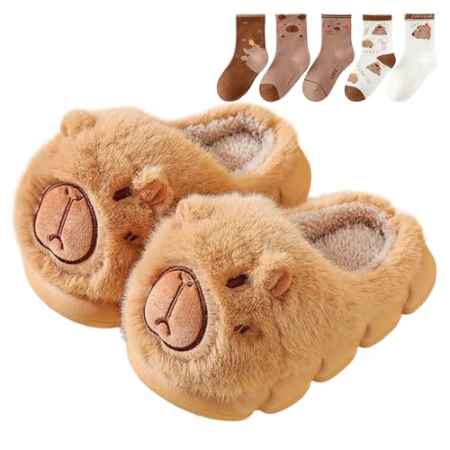 Capybara Slippers Kids Women With 5 Pcs Cute Socks Plush Cartoon Slide Sandals Cute Fuzzy Indoor Outdoor Cozy House Shoes