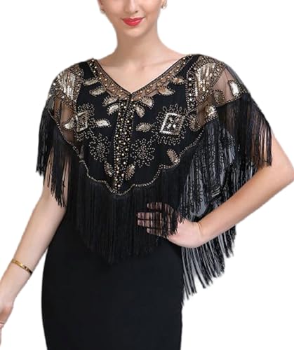 1920s Vintage Lace Sequined Shawl, Women Wraps and Shawls Formal,Black Fringe Trim, Gold Floral Evening Wrap2