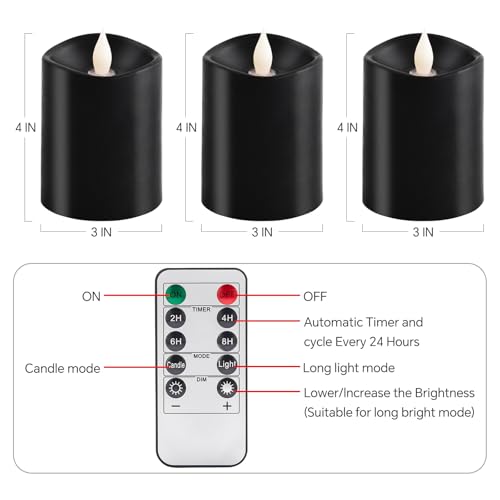 Image of 3x4 Flickering Flameless Candles Set of 3,Real Wax Pillar led Candles Flickering,with Timer,4 inch Flameless Candles with Remote,for Holiday Home Decor Party,Black