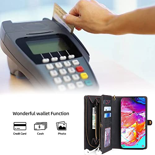 Asuwish Phone Case For Samsung Galaxy A70 Zipper Wallet Detachable Cover With Tempered Glass Screen Protector And Leather Flip Card Holder Slot Cash Cell Accessories A70S A 70 70A S70 Women Men Black #TOP4