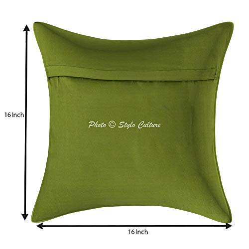 Image of Decorative Brocade Cushion Covers 16x16 Inch Banarasi Jacquard Weave Olive Green & Gold Living Room Elephant Traditional Square 40x40 cm Zippered Sofa Settee Pillowcases -Set of 5 Pcs